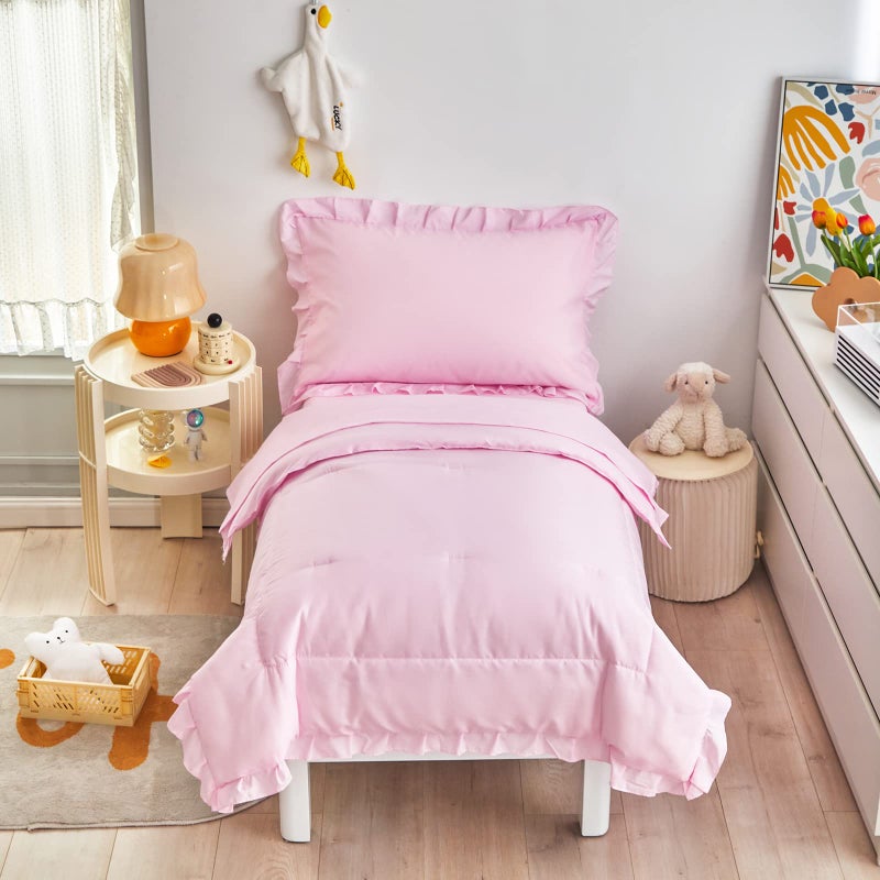Uozzi Bedding 4 Pieces Pink Toddler Bedding Set with Ruffle Fringe, Solid Color Toddler Bed Set - 1 Toddler Comforter + 1 Fitted Sheet +1 Flat Sheet +1 Pillowcase for Baby Boys and Girls - Image 2