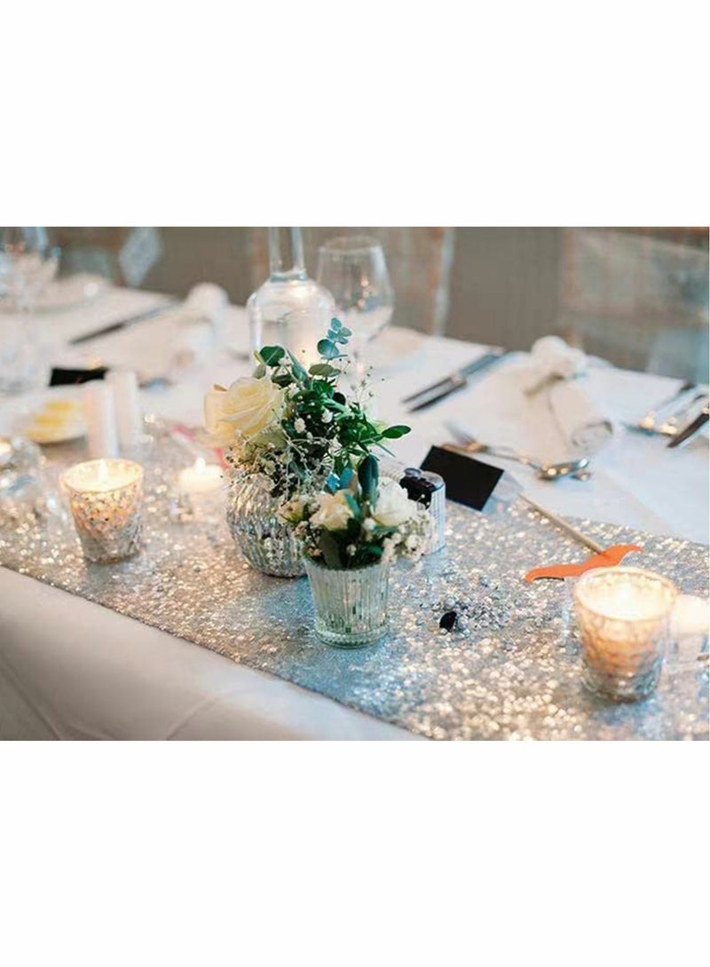 KASTWAVE Sequin Table Runner Glitter Fabric Table Linens Runner Fabric Decorations for Holiday Wedding Birthday Outdoor Party Decor 12x72 inch, Silver - Image 4