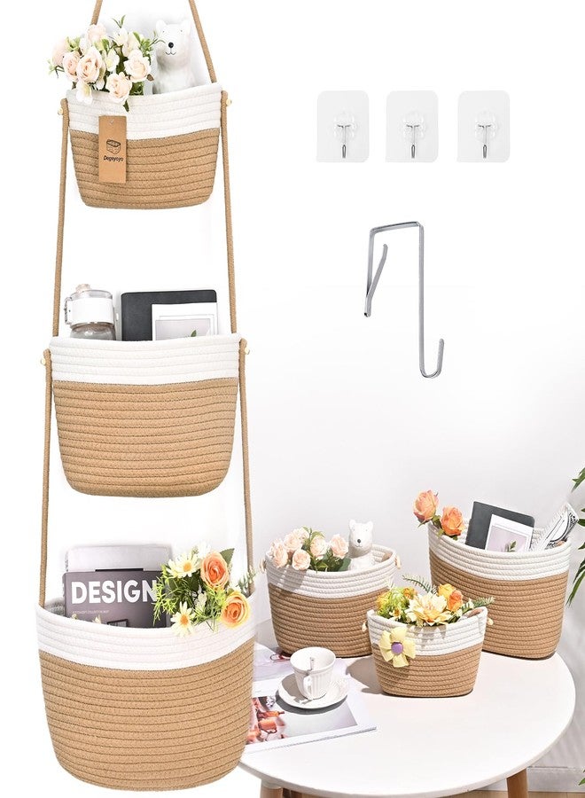 Degeyoyo Hanging Storage Baskets, 3-Tier Over the Door Basket, Cotton Wall Basket Storage, Detachable Hanging Door Basket with 4 Hooks, Over the Door Organizer Nursery for Bedroom, Living Room, Bathroom Wall - Image 1