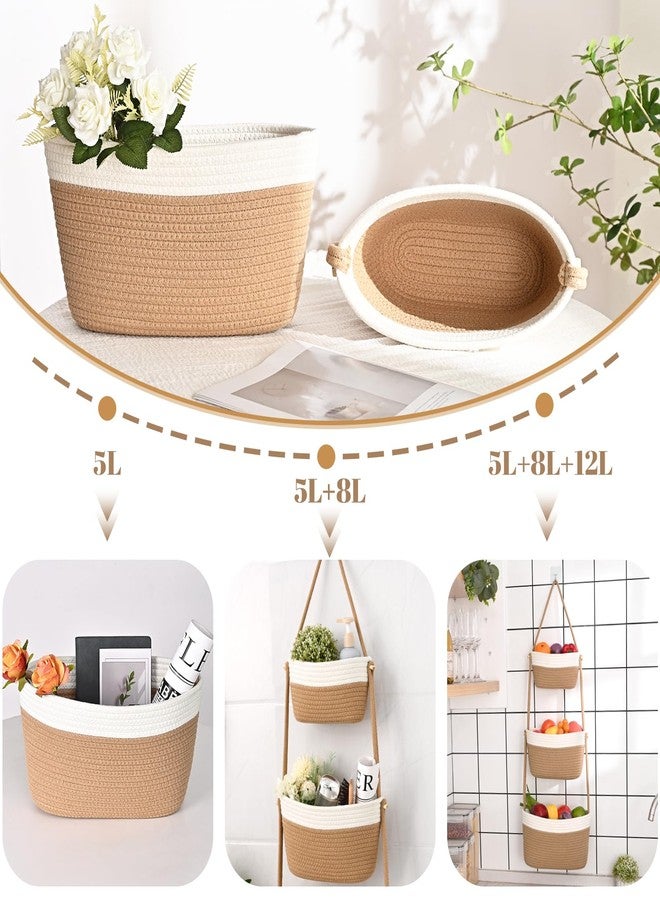 Degeyoyo Hanging Storage Baskets, 3-Tier Over the Door Basket, Cotton Wall Basket Storage, Detachable Hanging Door Basket with 4 Hooks, Over the Door Organizer Nursery for Bedroom, Living Room, Bathroom Wall - Image 2