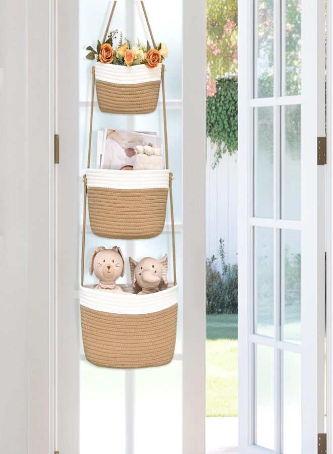 Degeyoyo Hanging Storage Baskets, 3-Tier Over the Door Basket, Cotton Wall Basket Storage, Detachable Hanging Door Basket with 4 Hooks, Over the Door Organizer Nursery for Bedroom, Living Room, Bathroom Wall - Image 3
