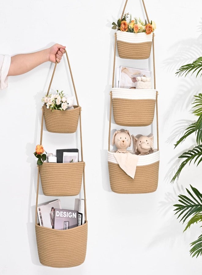 Degeyoyo Hanging Storage Baskets, 3-Tier Over the Door Basket, Cotton Wall Basket Storage, Detachable Hanging Door Basket with 4 Hooks, Over the Door Organizer Nursery for Bedroom, Living Room, Bathroom Wall - Image 4