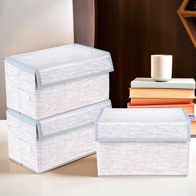 Brand - Solimo Solimo Drawer Storage Box Clothes Drawer Organizer with Handle Transparent Lid with Velcro Wardrobe Organizer for Books JutePrint Storage Box Grey Pack of 2 - Image 2