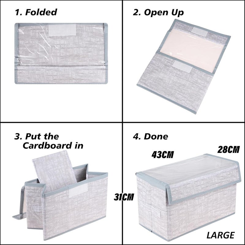 Brand - Solimo Solimo Drawer Storage Box Clothes Drawer Organizer with Handle Transparent Lid with Velcro Wardrobe Organizer for Books JutePrint Storage Box Grey Pack of 2 - Image 5