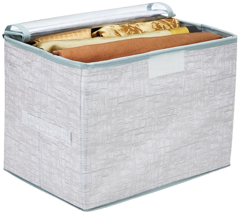 Brand - Solimo Solimo Drawer Storage Box Clothes Drawer Organizer with Handle Transparent Lid with Velcro Wardrobe Organizer for Books JutePrint Storage Box Grey Pack of 2 - Image 4