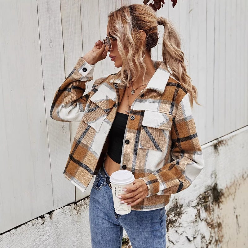 Women's Plaid Wool Blend Lapel Single Breasted Short Coat - Image 2