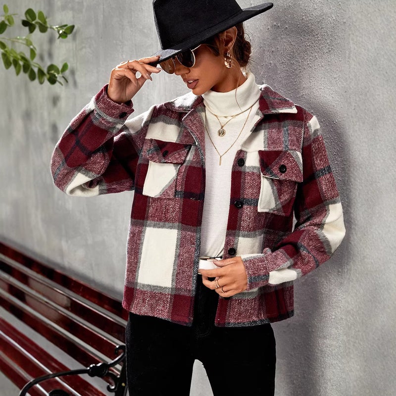 Women's Plaid Wool Blend Lapel Single Breasted Short Coat - Image 3