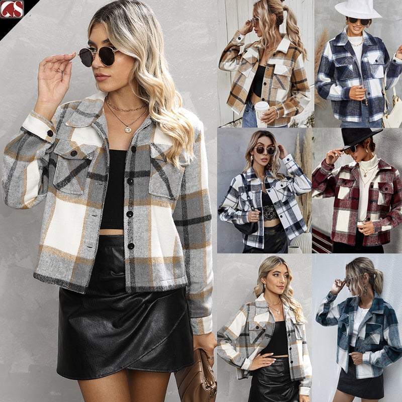Women's Plaid Wool Blend Lapel Single Breasted Short Coat - Image 1