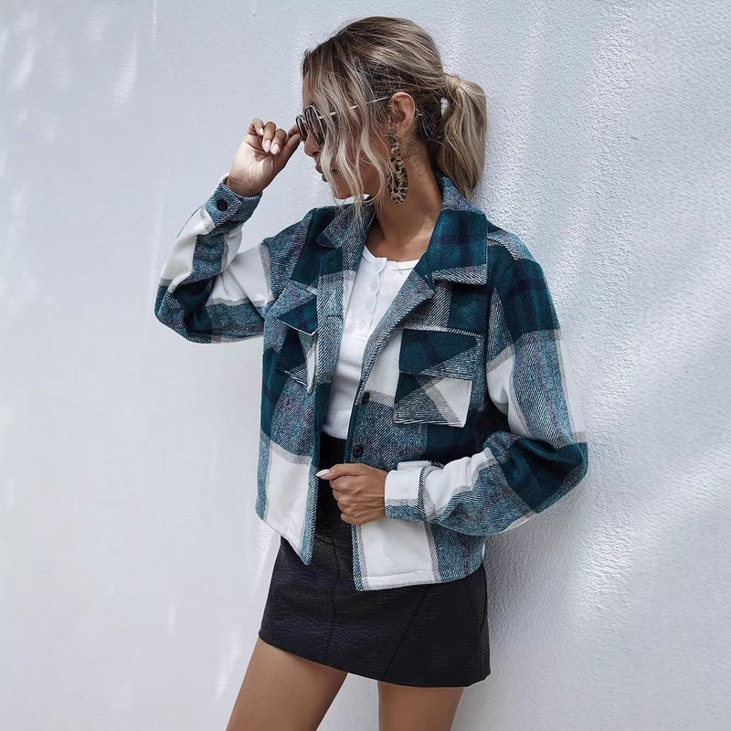 Women's Plaid Wool Blend Lapel Single Breasted Short Coat - Image 4