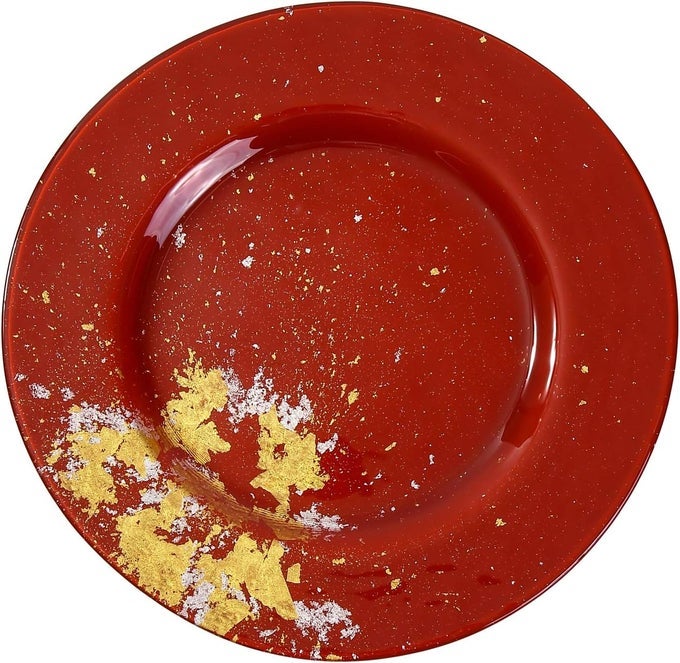JAPANESE URUSHI GLASS DINNER PLATE 125INCH VERMILION WITH GOLD LEAF DISHWASHER SAFE
