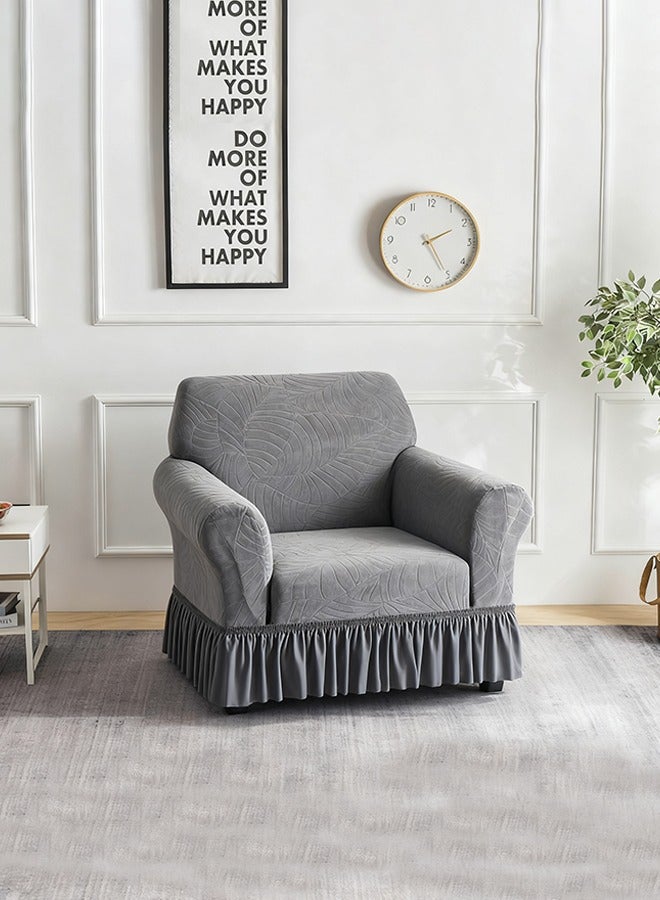 عربست غطاء كنب ذات مقعد واحد تلبيسة كنب بنمط أوراق الشجر مرن للغاية ومقاوم للماء والتجاعيد شامل غطاء كنبة مع تنورة غطاء كنبة جاكار مرن رائع ومرن باللون الرمادي الداكن 90-140 سم - Image 1