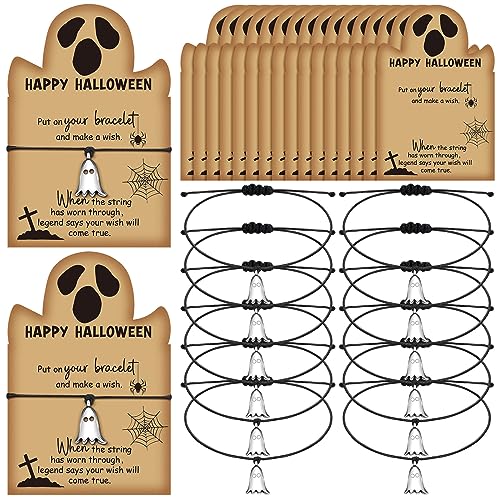 Loetere 40 Sets Halloween Pumpkin Ghost Charm Wish Bracelet with Greeting Card Halloween Pumpkin Gifts for Women Girls(Ghost) - Image 1