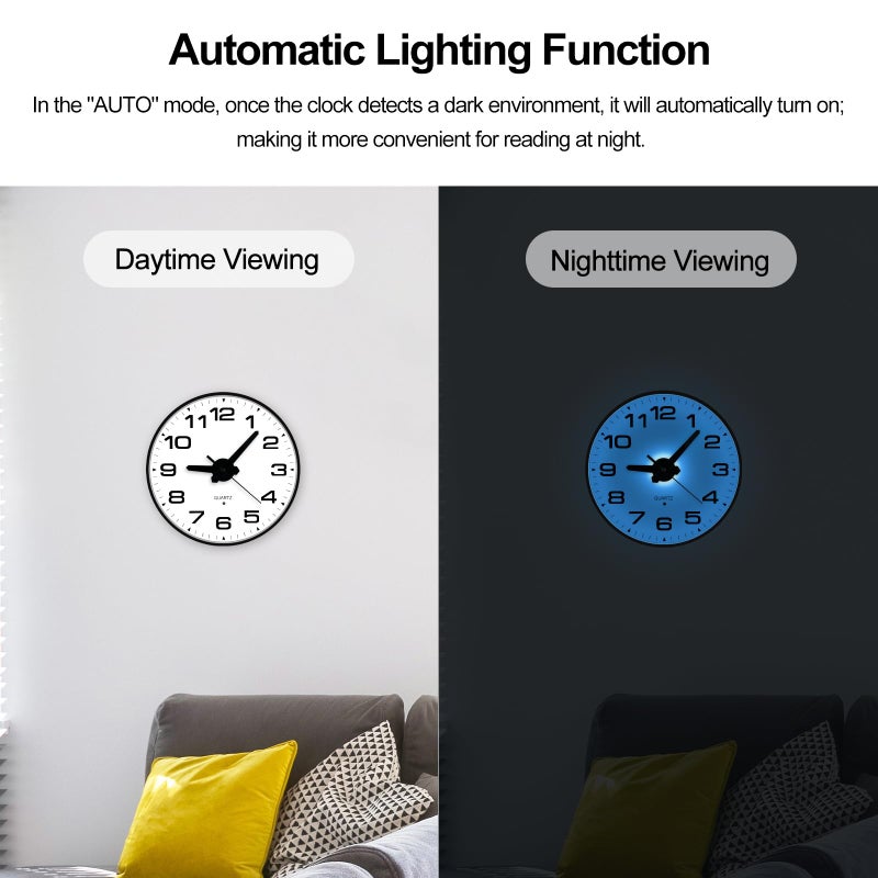 JoFomp Lighted Wall Clocks Battery Operated, 8 Inch Small Wall Clock for Bedroom Night Glow, Night Light Wall Clock Silent, Glow in Dark Wall Clocks for Living Room Decor, Light Sensor - Auto Lighting - Image 3