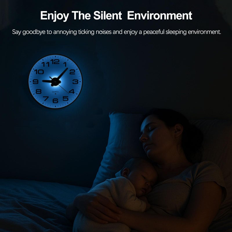 JoFomp Lighted Wall Clocks Battery Operated, 8 Inch Small Wall Clock for Bedroom Night Glow, Night Light Wall Clock Silent, Glow in Dark Wall Clocks for Living Room Decor, Light Sensor - Auto Lighting - Image 5