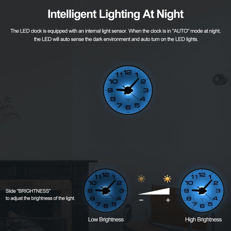 JoFomp Lighted Wall Clocks Battery Operated, 8 Inch Small Wall Clock for Bedroom Night Glow, Night Light Wall Clock Silent, Glow in Dark Wall Clocks for Living Room Decor, Light Sensor - Auto Lighting - Image 4