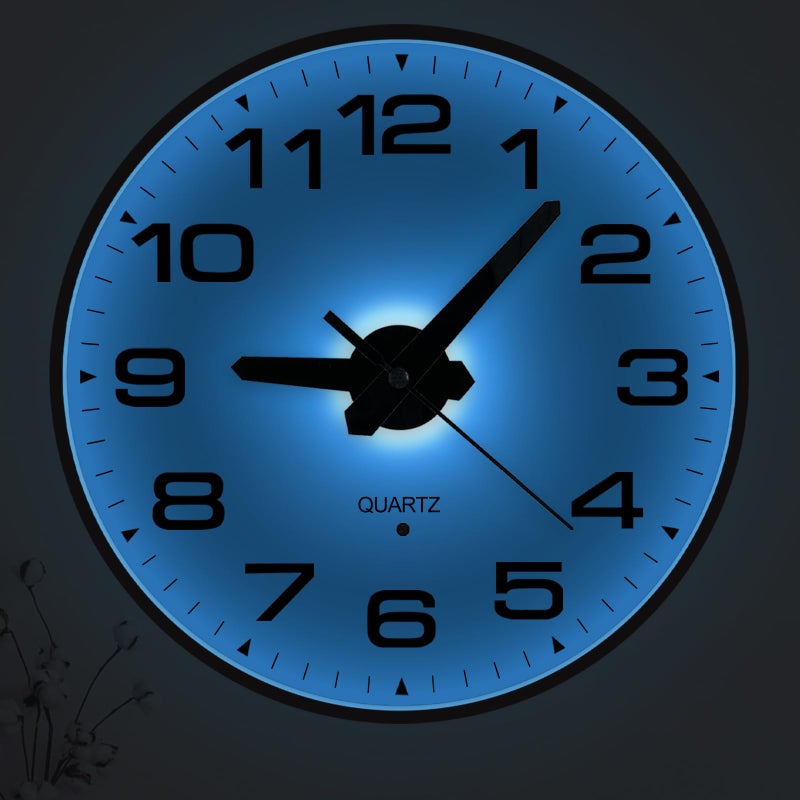 JoFomp Lighted Wall Clocks Battery Operated, 8 Inch Small Wall Clock for Bedroom Night Glow, Night Light Wall Clock Silent, Glow in Dark Wall Clocks for Living Room Decor, Light Sensor - Auto Lighting - Image 1