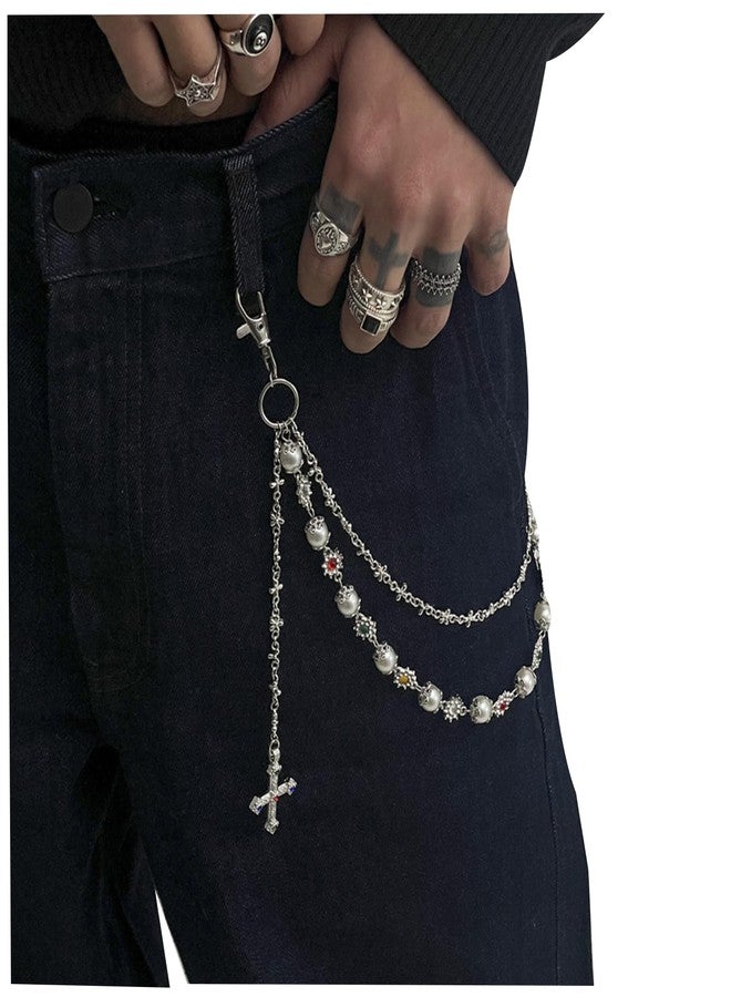 Rotaiboes Pearl Pants Chain Hip Hop Crystal Cross Pendant Multi Layered Jeans Chains Wallet Chain Rock Pocket Chains for Jewelry - Image 4