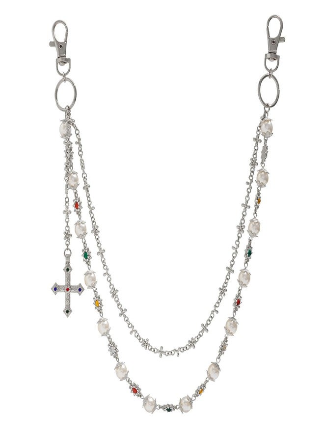 Rotaiboes Pearl Pants Chain Hip Hop Crystal Cross Pendant Multi Layered Jeans Chains Wallet Chain Rock Pocket Chains for Jewelry - Image 5