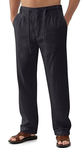 Janmid Men Casual Beach Trousers Linen Summer Pants Black M - Image 1