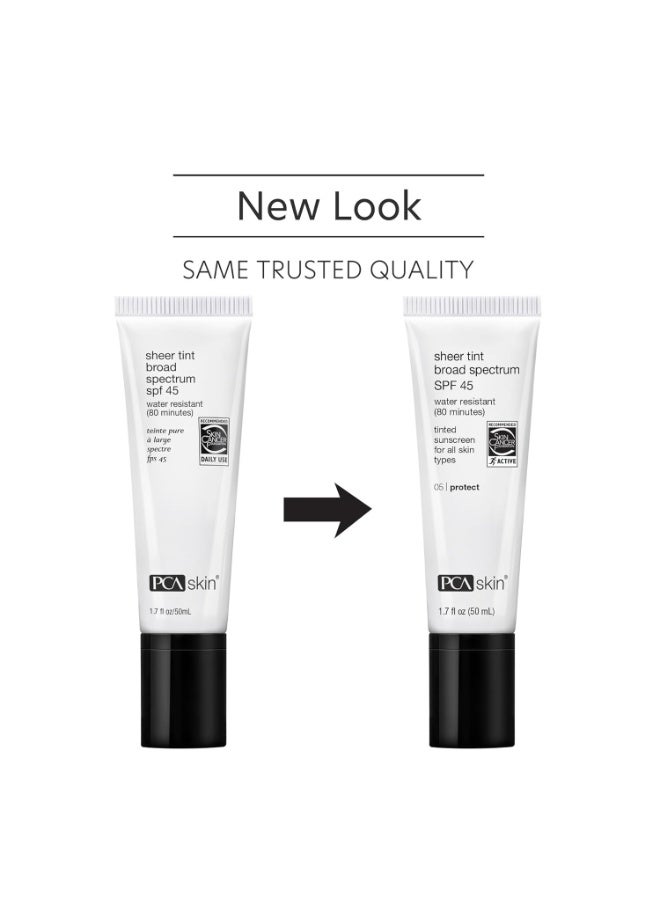 PCA SKIN Sheer Tinted Sunscreen, SPF 45 Broad Spectrum, Water Resistant, Made With Physical Sunscreen Ingredients, 1.7 fl oz Tube