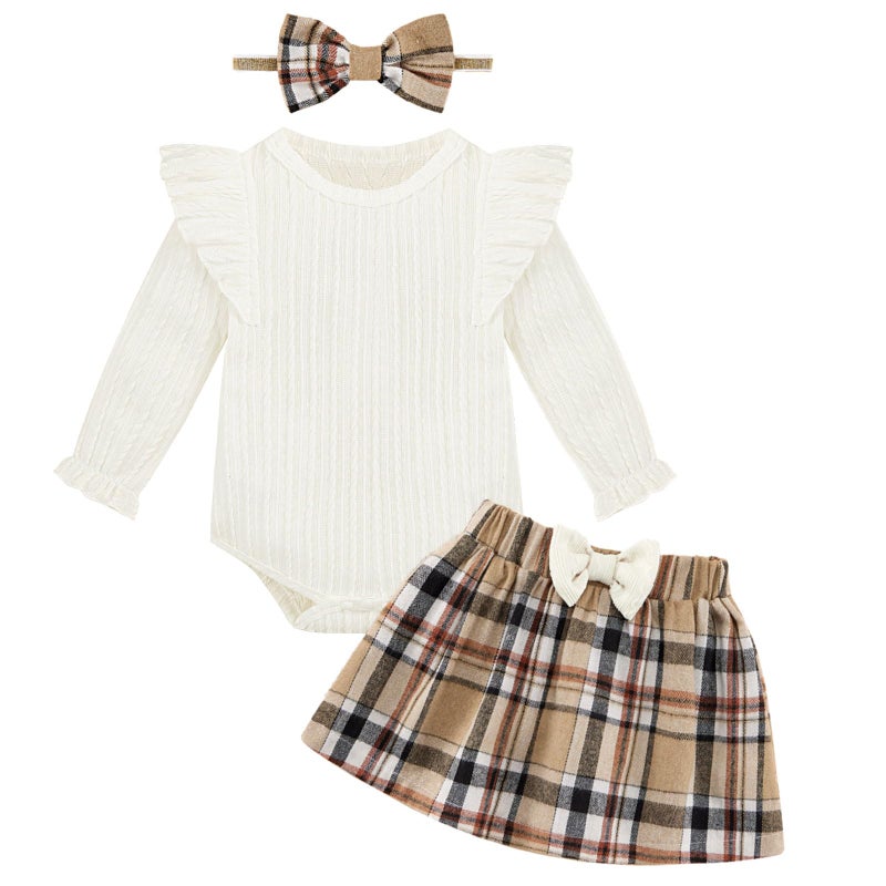 Weixinbuy Newborn Baby Girls Fall Clothes Long Sleeve Romper Plaid Skirts 3-6 Month Girl Clothes Infant Winter Outfits Set Apricot - Image 1