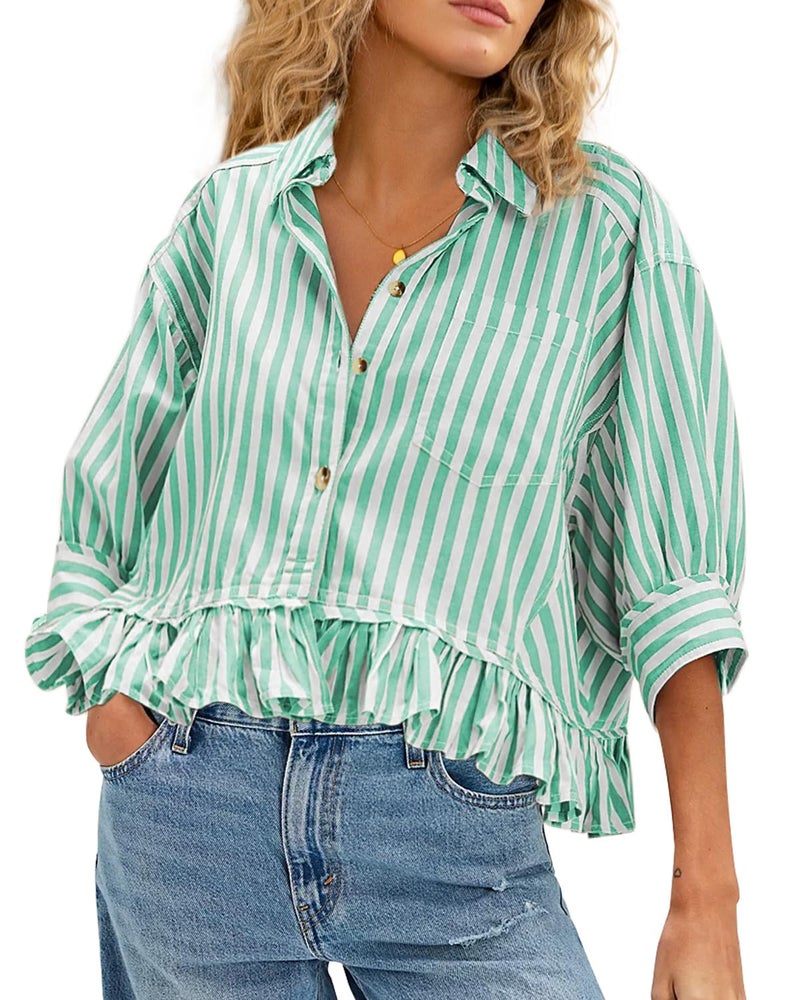 CHYRII Womens Summer Tops Dressy Casual Blouse Top Ruffled Short Sleeve Button Down Striped Shirt Green S - Image 1