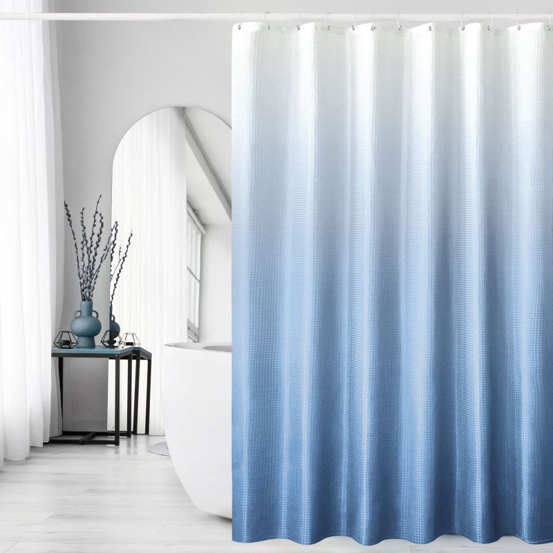 Gibelle Blue Shower Curtain for Bathroom Waffle Weave Textured Ombre Fabric Shower Curtain Set with Hooks Water Repellent Machine Washable 72 x 72