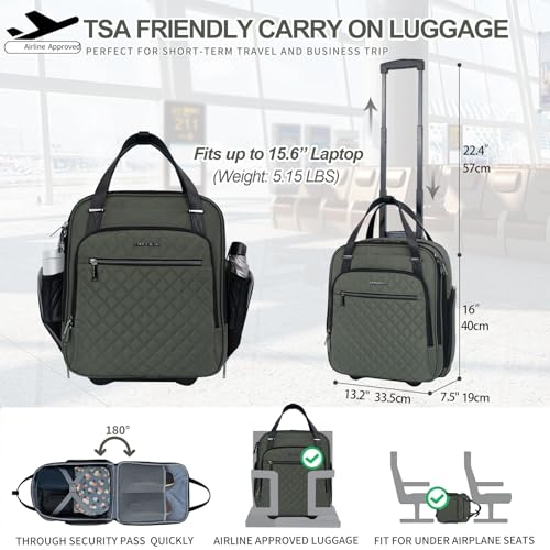 EMPSIGN Underseat Carry On Wheeled - 16" Carry on Bag with Wheels Multi-functional Lightweight Rolling Bag Overnight Weekender Small Suitcase for Women Men Travel Business, Army Green - Image 2