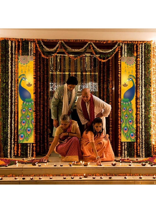 Happy Diwali Porch Banner Indian Diwali Peacock Front Porch Welcome Sign Deepavali Indian Festival of Lights Decorations 180 * 30cm - Image 5