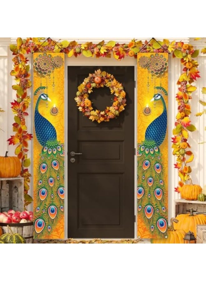 Happy Diwali Porch Banner Indian Diwali Peacock Front Porch Welcome Sign Deepavali Indian Festival of Lights Decorations 180 * 30cm - Image 1