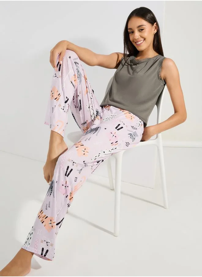 ستايلي Lace Trim Vest & AOP Cats Pyjama Set