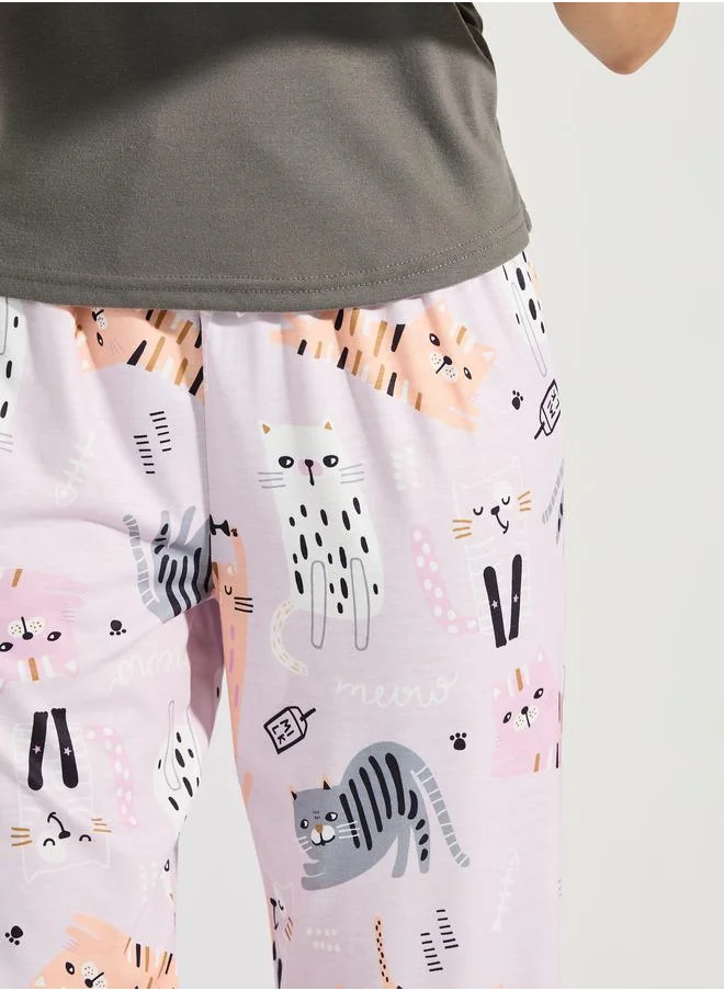 ستايلي Lace Trim Vest & AOP Cats Pyjama Set