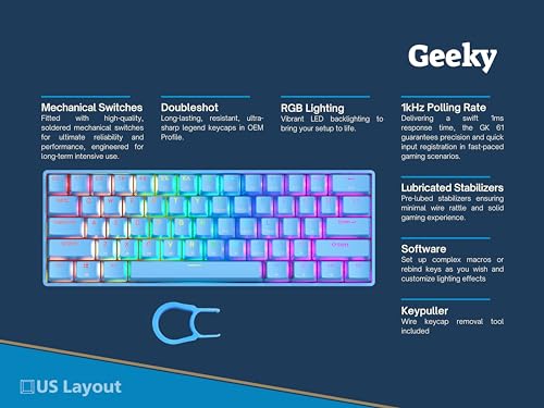 Geeky GK61 SE 60% | Mechanical Gaming Keyboard | 61 Keys Multi Color RGB LED Backlit for PC/Mac Gamer | ANSI US American Layout (Blue, Mechanical Speed Silver) - Image 2