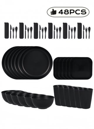 48-piece Dinner Set, Wheat Straw 6 Inch Bowls, 9 Inch Round Plates, 5.5 Inch Square Plate, 3.15 Inch Cups, Cutlery, Dinnerware Set, Service for 6, Dinner Plates, Dessert Plate, Cereal Bowls, Cups, Unbreakable Colorful Plastic Outdoor Camping Dishes, Coastal Black - pzsku/Z7B0CB7D7B4132E35D1EDZ/45/_/1735781509/a84a9394-4b6e-4adb-9945-61bd7810d6f3