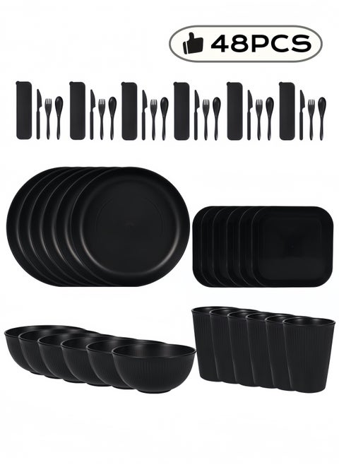 48-piece Dinner Set, Wheat Straw 6 Inch Bowls, 9 Inch Round Plates, 5.5 Inch Square Plate, 3.15 Inch Cups, Cutlery, Dinnerware Set, Service for 6, Dinner Plates, Dessert Plate, Cereal Bowls, Cups, Unbreakable Colorful Plastic Outdoor Camping Dishes, Coastal Black