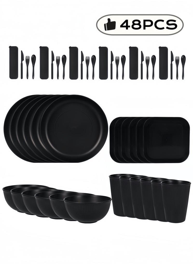 nihao 48-piece Dinner Set, Wheat Straw 6 Inch Bowls, 9 Inch Round Plates, 5.5 Inch Square Plate, 3.15 Inch Cups, Cutlery, Dinnerware Set, Service for 6, Dinner Plates, Dessert Plate, Cereal Bowls, Cups, Unbreakable Colorful Plastic Outdoor Camping Dishes, Coastal Black  - Image 1
