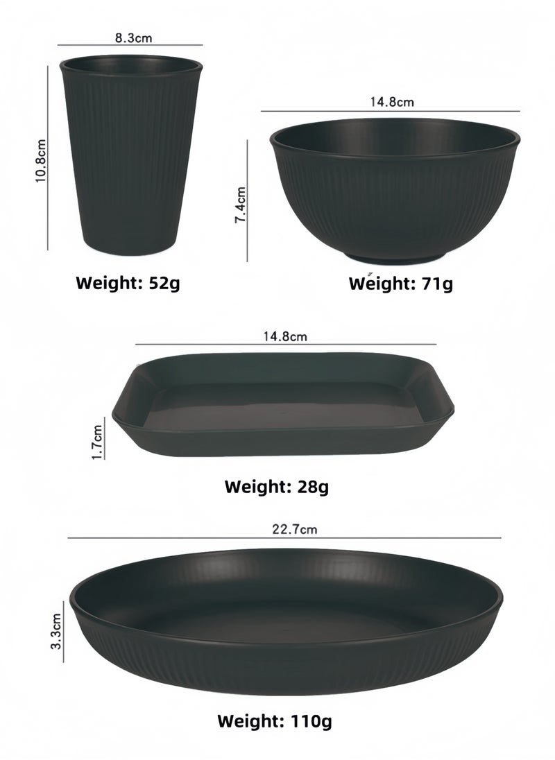 48-piece Dinner Set, Wheat Straw 6 Inch Bowls, 9 Inch Round Plates, 5.5 Inch Square Plate, 3.15 Inch Cups, Cutlery, Dinnerware Set, Service for 6, Dinner Plates, Dessert Plate, Cereal Bowls, Cups, Unbreakable Colorful Plastic Outdoor Camping Dishes, Coastal Black