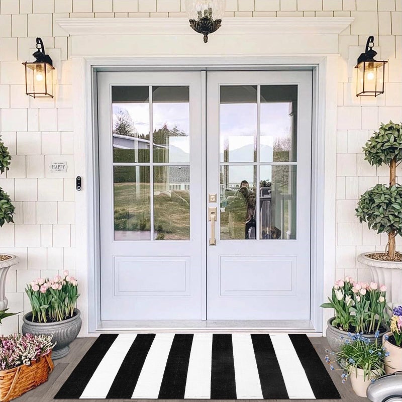 Collive سجادة مخططة أبيض وأسود في الهواء الطلق 27.5 "× 43" "سجاد الباب القابل للغسل الطبقات - Image 4
