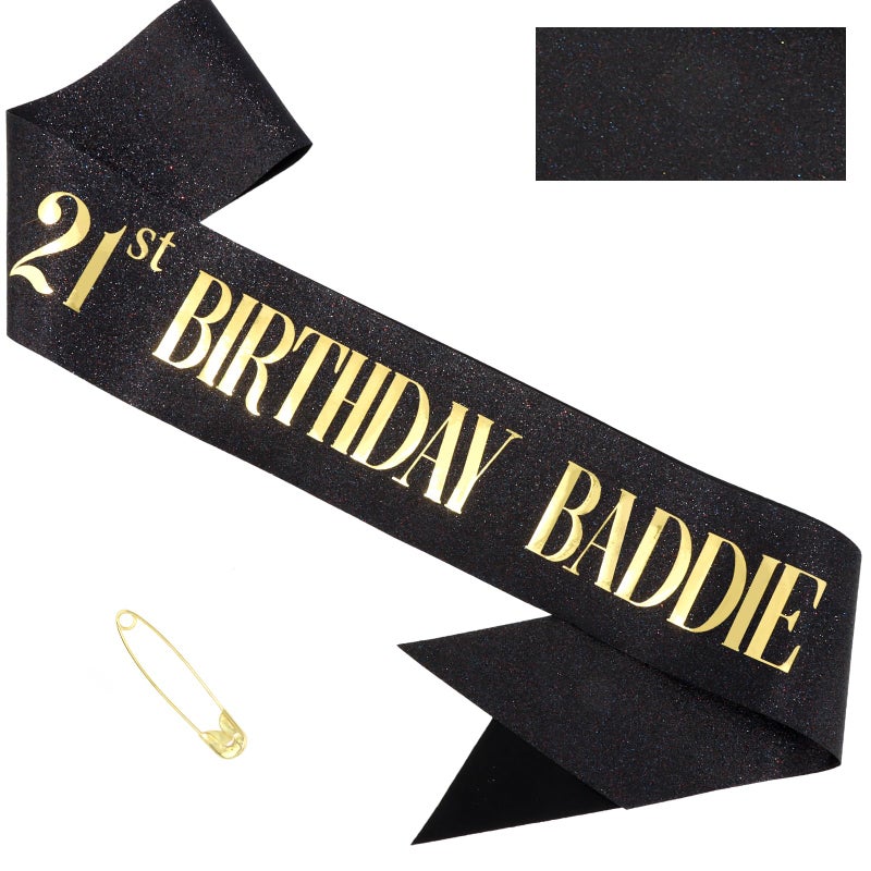 FASOTY 21st Birthday Baddie Sash - Gold Glitter Sash with Black Foil Birthday Baddie Sash for Women and Men Funny Party Favor Decorations Baddie Accessories - Image 1