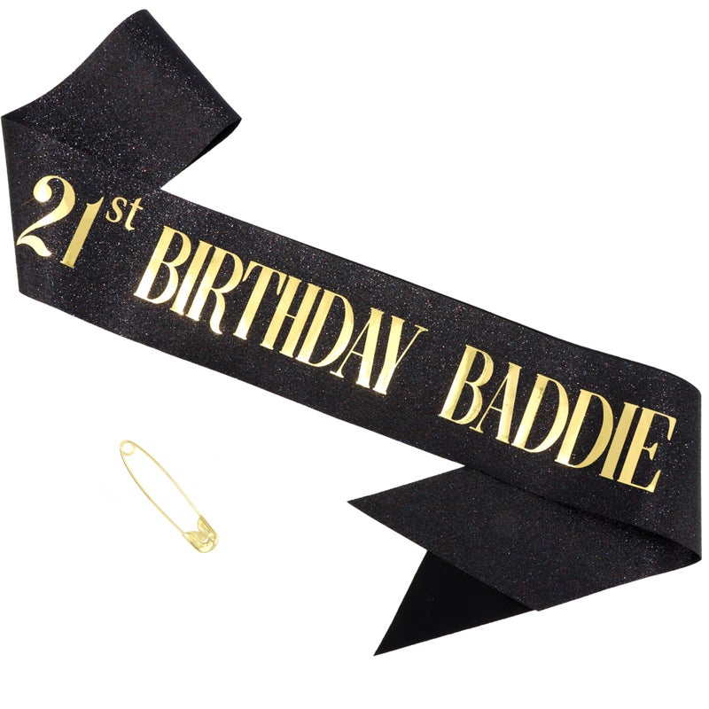 FASOTY 21st Birthday Baddie Sash - Gold Glitter Sash with Black Foil Birthday Baddie Sash for Women and Men Funny Party Favor Decorations Baddie Accessories - Image 2