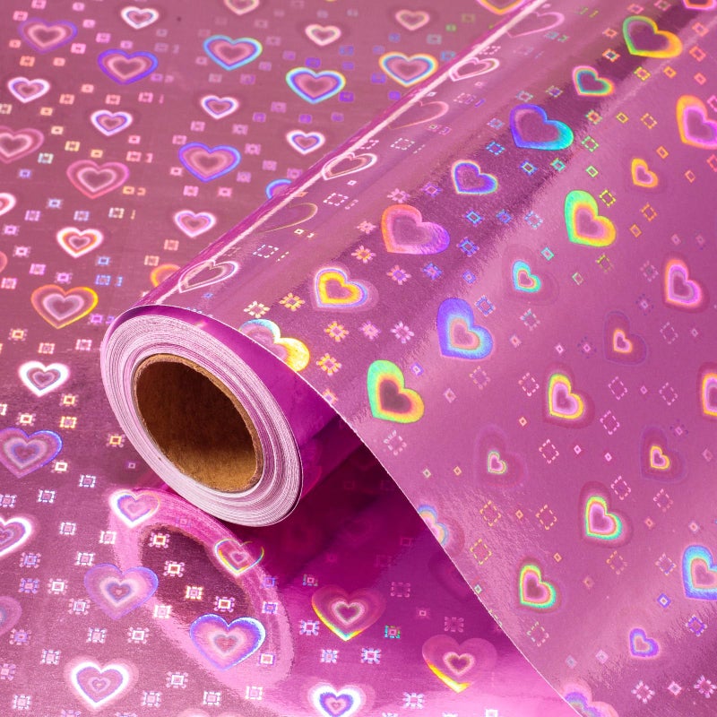 MAYPLUSS Pink Wrapping Paper, Valentines Day Wrapping Paper, Girly Iridescent Hearts Love Wrapping Paper for Lovers Anniversary, Bridal Shower, Birthday, Romantic Occasions (17 Inch X 33 Feet) - Image 1