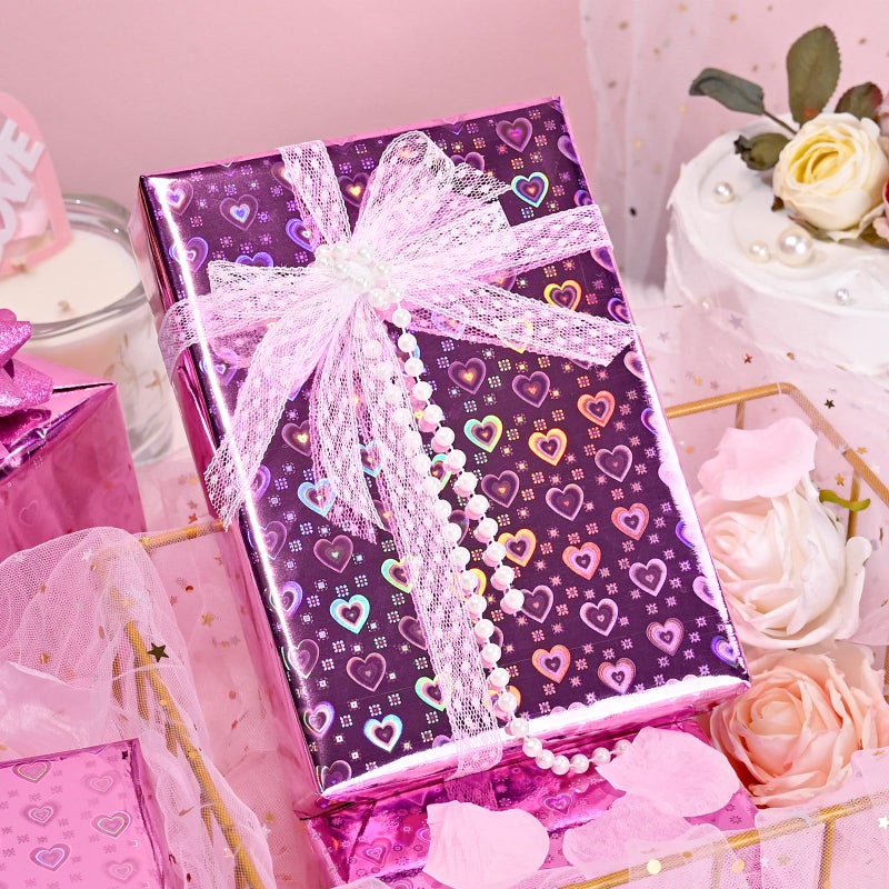MAYPLUSS Pink Wrapping Paper, Valentines Day Wrapping Paper, Girly Iridescent Hearts Love Wrapping Paper for Lovers Anniversary, Bridal Shower, Birthday, Romantic Occasions (17 Inch X 33 Feet) - Image 4