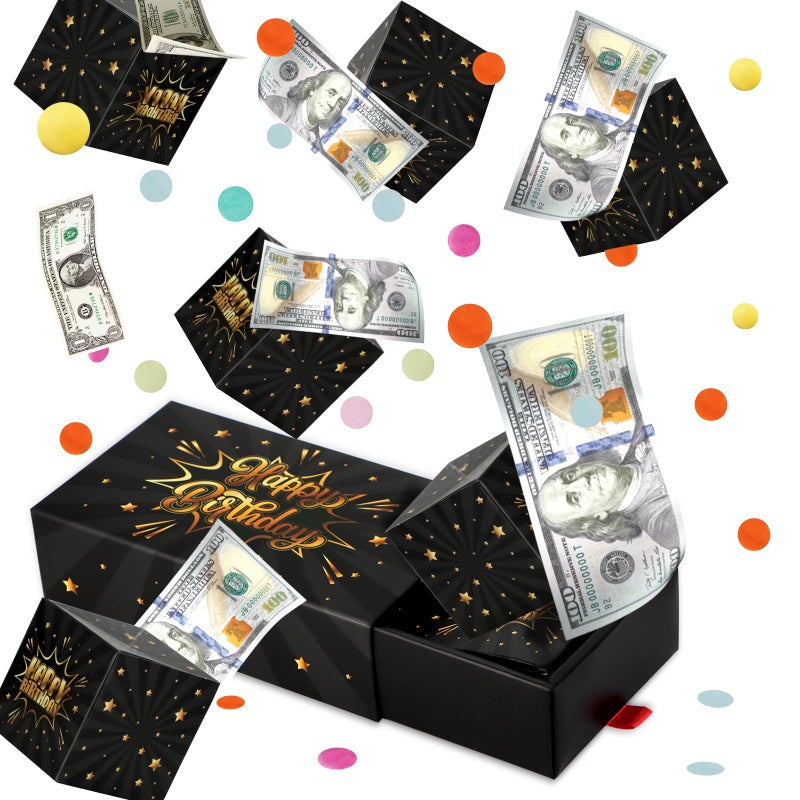 WenmthG Happy Birthday Surprise Gift Box Explosion for Money DIY Pop Out Folding Bounce Explosion Gift Box with Confetti Birthday Money Bank Cash Gift Idea for Women Men Kids Black Gold - Image 2