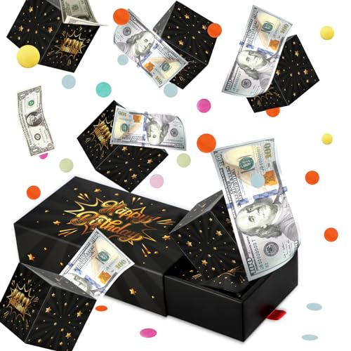 WenmthG Happy Birthday Surprise Gift Box Explosion for Money DIY Pop Out Folding Bounce Explosion Gift Box with Confetti Birthday Money Bank Cash Gift Idea for Women Men Kids Black Gold - Image 1