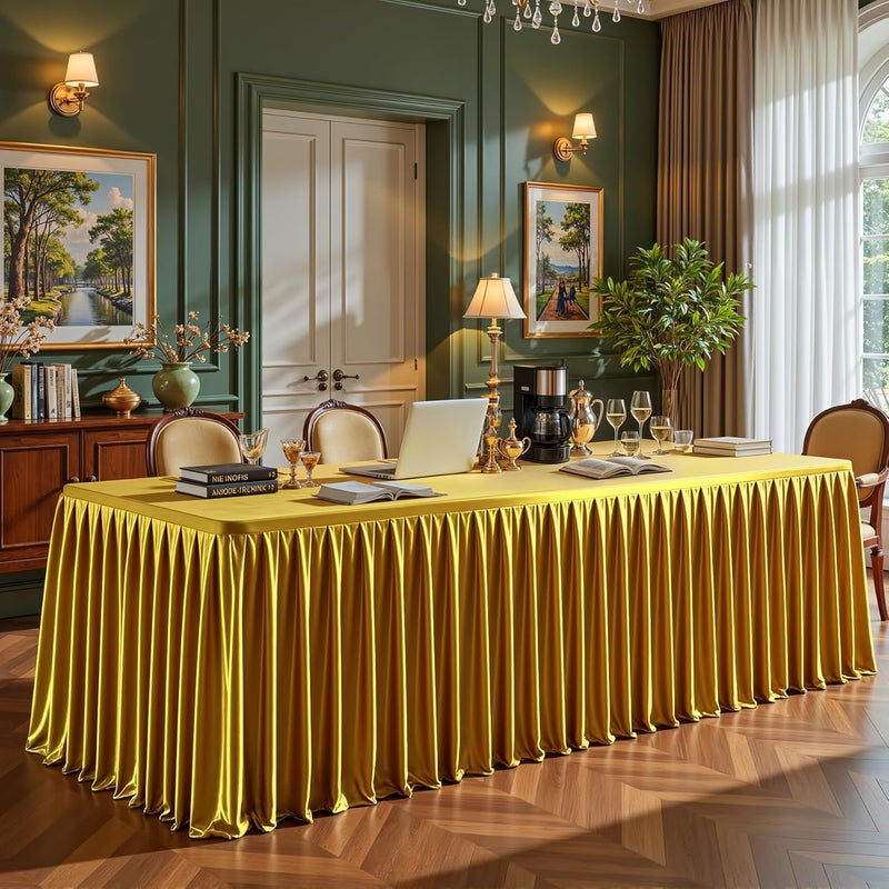 PARTISKY Gold Satin Tablecloths Rectangle 6FT, Glitter Spandex Fitted Stretch Table Covers Wrinkle-Free Floor Length Shimmer Table Skirt for Weddings Parties Baby Shower Banquets Vendor Events - Image 3