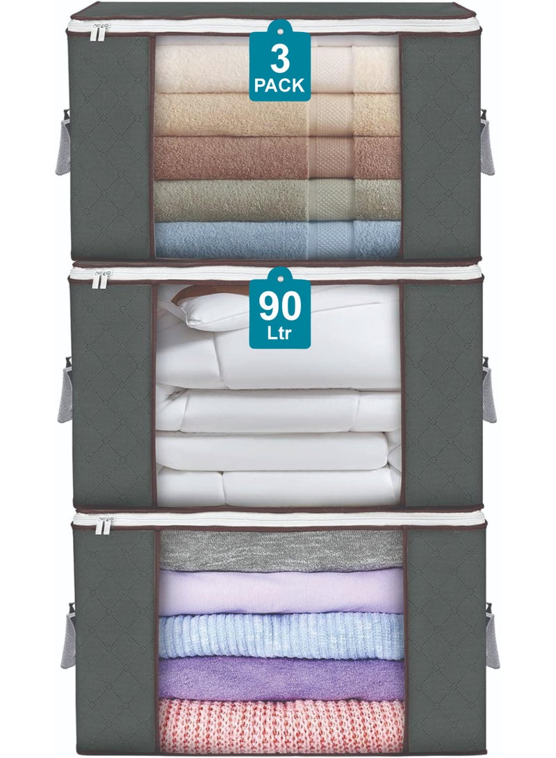 ShopWizz 90L Large Storage Bags for Clothes, 3 Pack Foldable Clothes Storage Bins for Closet Organizer, Blanket and Comforter Storage Containers with Handles, Storage box - Image 1