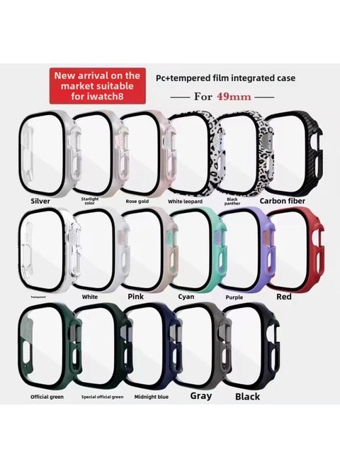 For Apple 8 Generation 49mm Watch PC Integrated Glass Protective Case WatchUltra HD Tempered Film-Color:14. Cyan-Dimensions:49mm (without Keys) With Carton Packaging