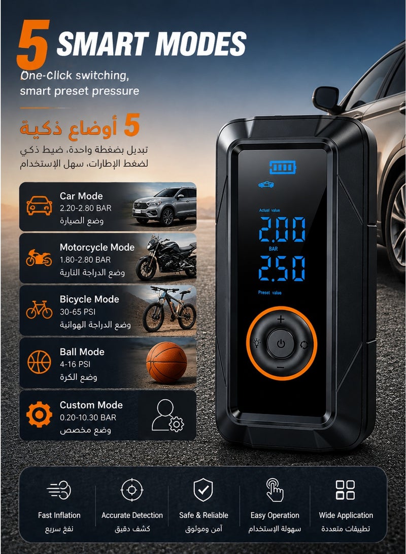 Inabyte Portable Wireless Car Air Pump Compressor 150PSI Smart Digital Tire Inflator with Auto Shut-Off, LED Light & Power Bank Function for Cars, SUVs, Motorcycles, Bicycles & Balls - Image 4