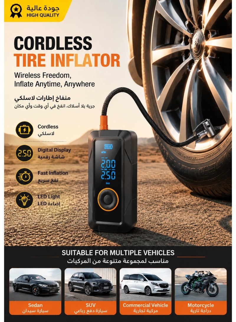 Inabyte Portable Wireless Car Air Pump Compressor 150PSI Smart Digital Tire Inflator with Auto Shut-Off, LED Light & Power Bank Function for Cars, SUVs, Motorcycles, Bicycles & Balls - Image 3