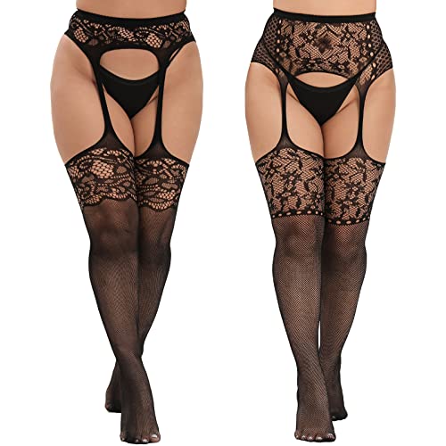 MANZI Plus Size Stockings Thigh High Fishnet Stockings Suspender Patterned Tights for Women Pattern B Floret Pack of 2 - Image 1